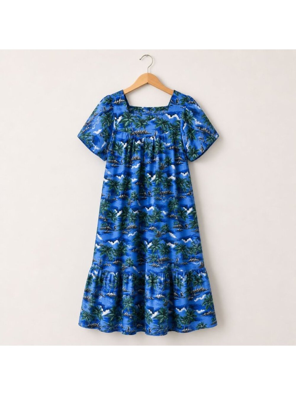 Vintage Evergreen Island Hawaii Tropical Dress Blue Palm Print Ruffle M Luau